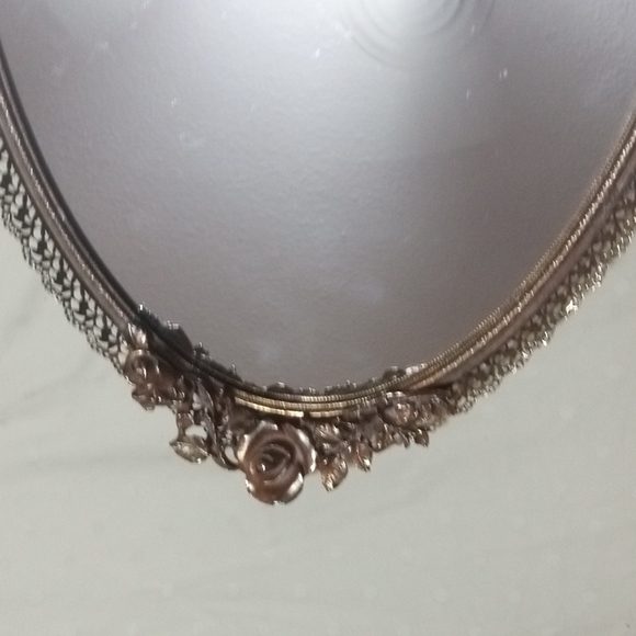 Antique Roses 🌹 Ova gold Mirror Tray lace vintage filigree tray - Picture 3 of 4